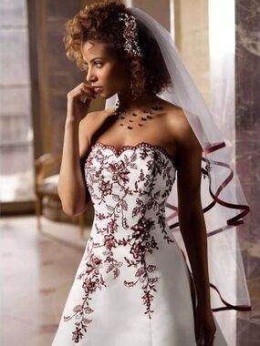 David's Bridal Wedding Dress - Red Embroidery in Apple/White Color -
Size 2